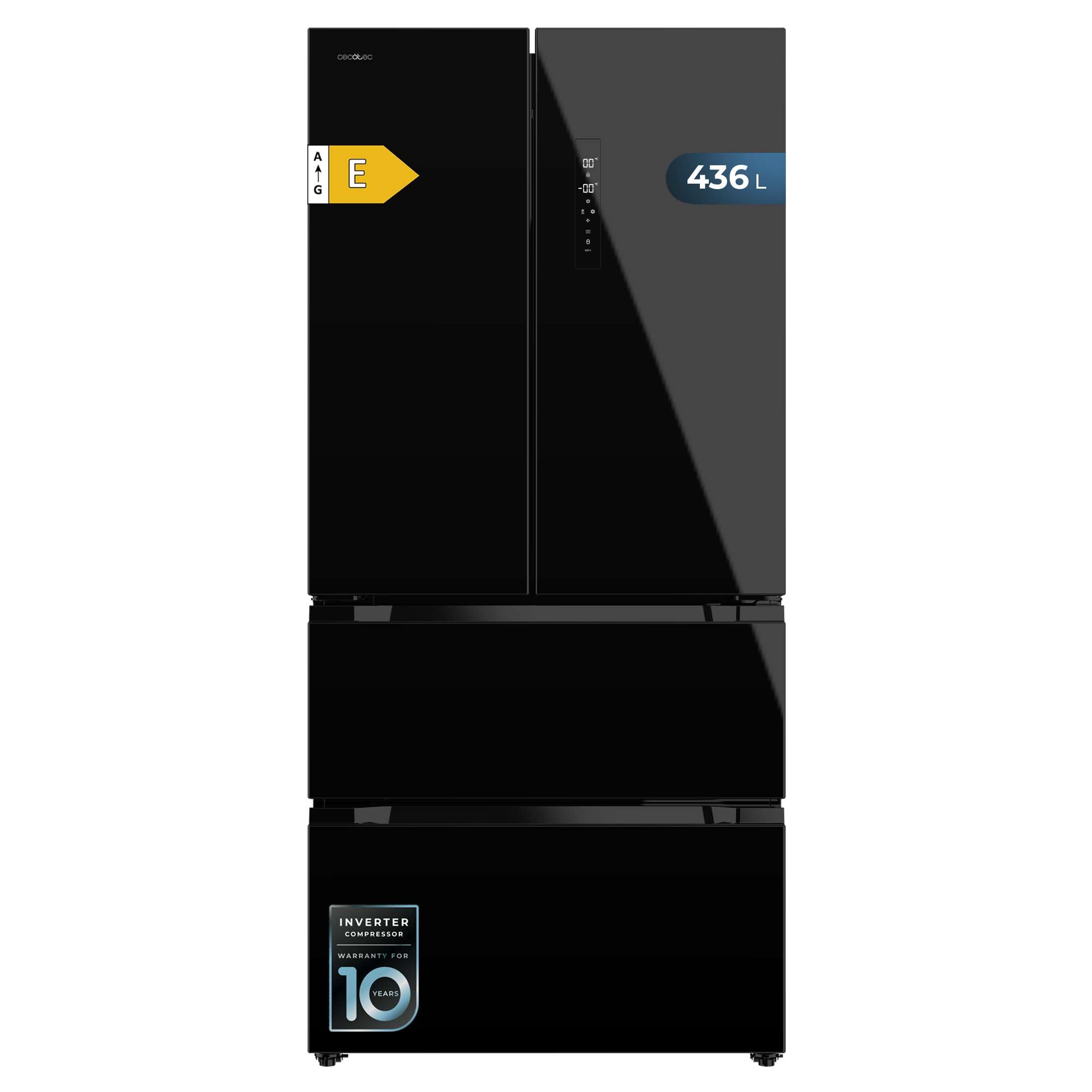 Cecotec Refrigerateur Congelateur 4 Portes Française Bolero CoolMarket FD 436 Black Glass E. Réfrigérateur 436L, verre noir, Total No Frost, MultiAirFlow, Inverter Plus, mode Vacances et alarmes
