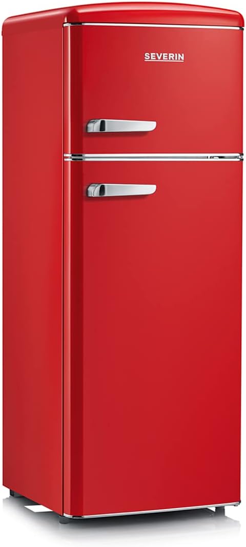 SEVERIN Réfrigérateur Congélateur 2 portes, Pose libre, Largeur 55 cm, 206L, Classe E, Veggibox incluse, Rétro, Rouge, RKG 8930