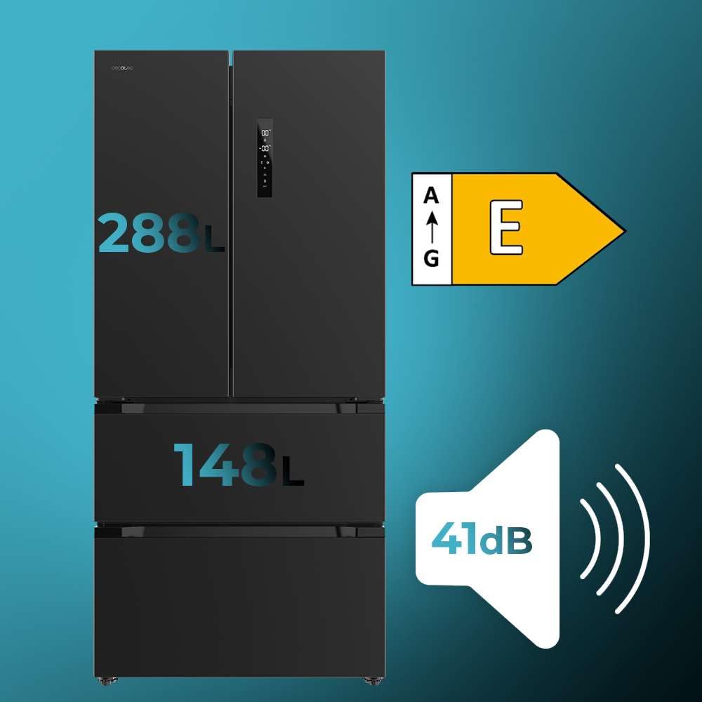 Cecotec Réfrigérateur Congélateur porte française Bolero CoolMarket FD 436 Dark E. 436 L, Total No Frost, Multi Airflow y compresseur inverter para ahorro energético.