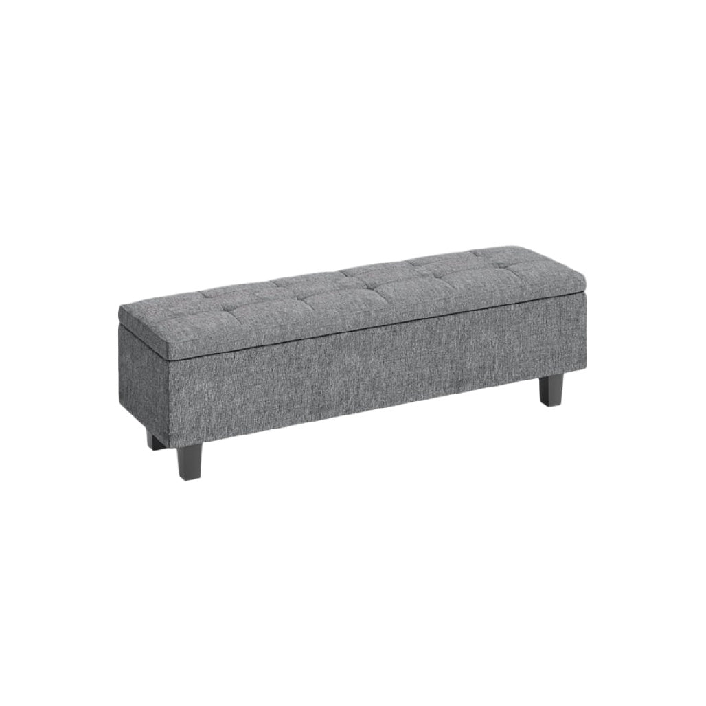 Banquette de rangement grise en tissu avec assise rembourrée