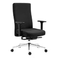 Chaise de bureau ergonomique noire avec accoudoirs et roulettes en chrome.