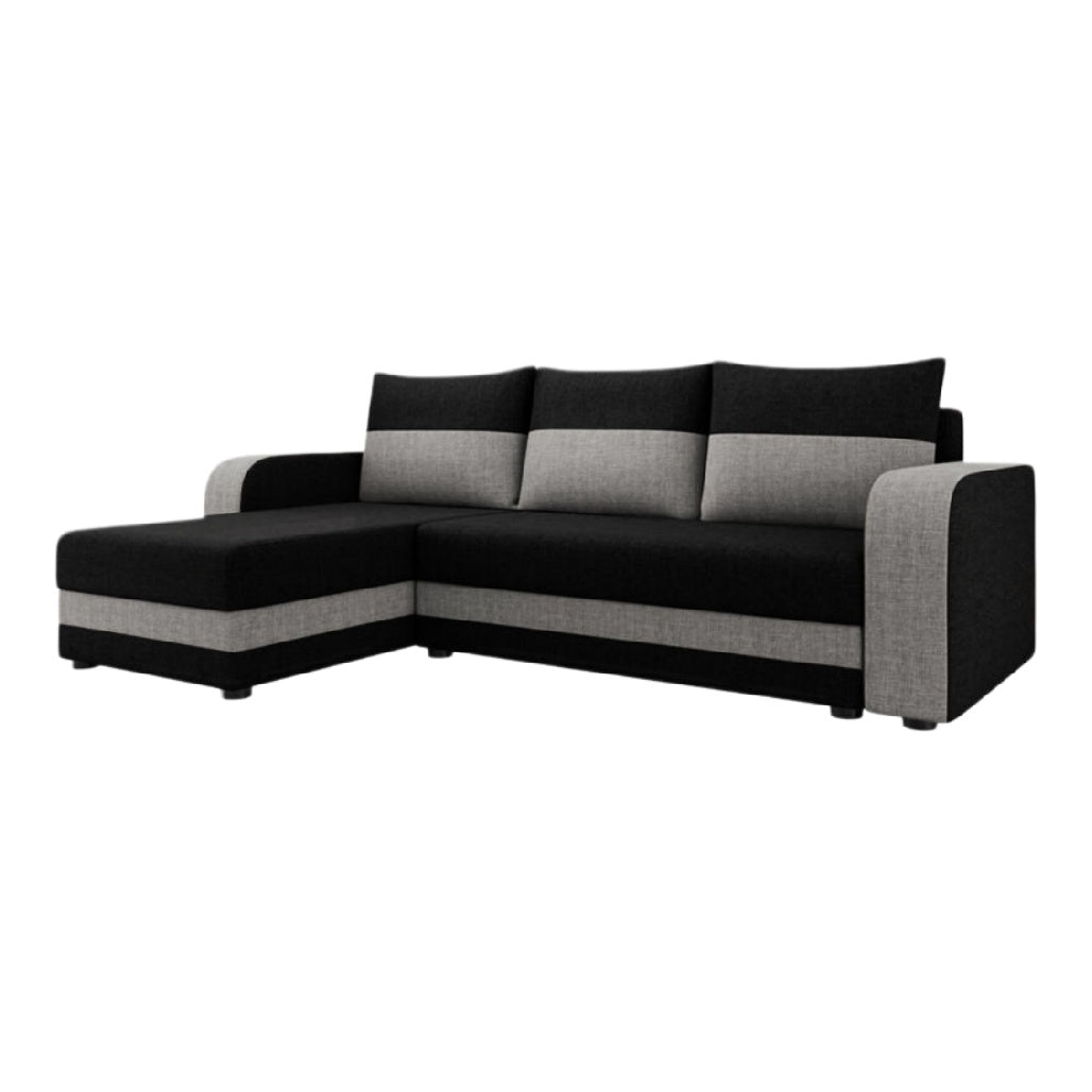 Canapé d'angle moderne en noir et gris avec coussins confortables.