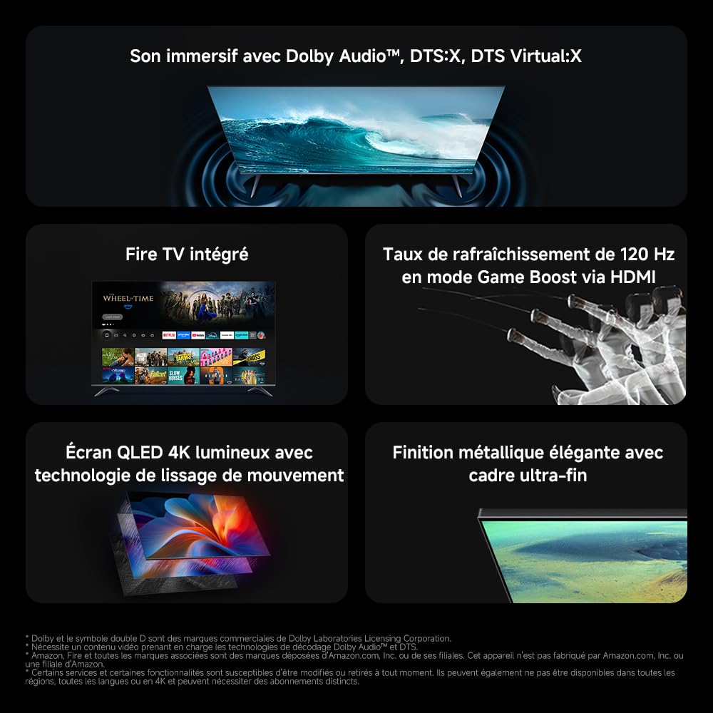 XIAOMI TV F Pro 65, 165 cm (65 Pouces), 4K UHD QLED, Smart TV, Fire TV, Contrôle Vocal Alexa, HDR10+, Mode Game Boost 120Hz, MEMC, 2Go+32Go, Compatible avec AirPlay