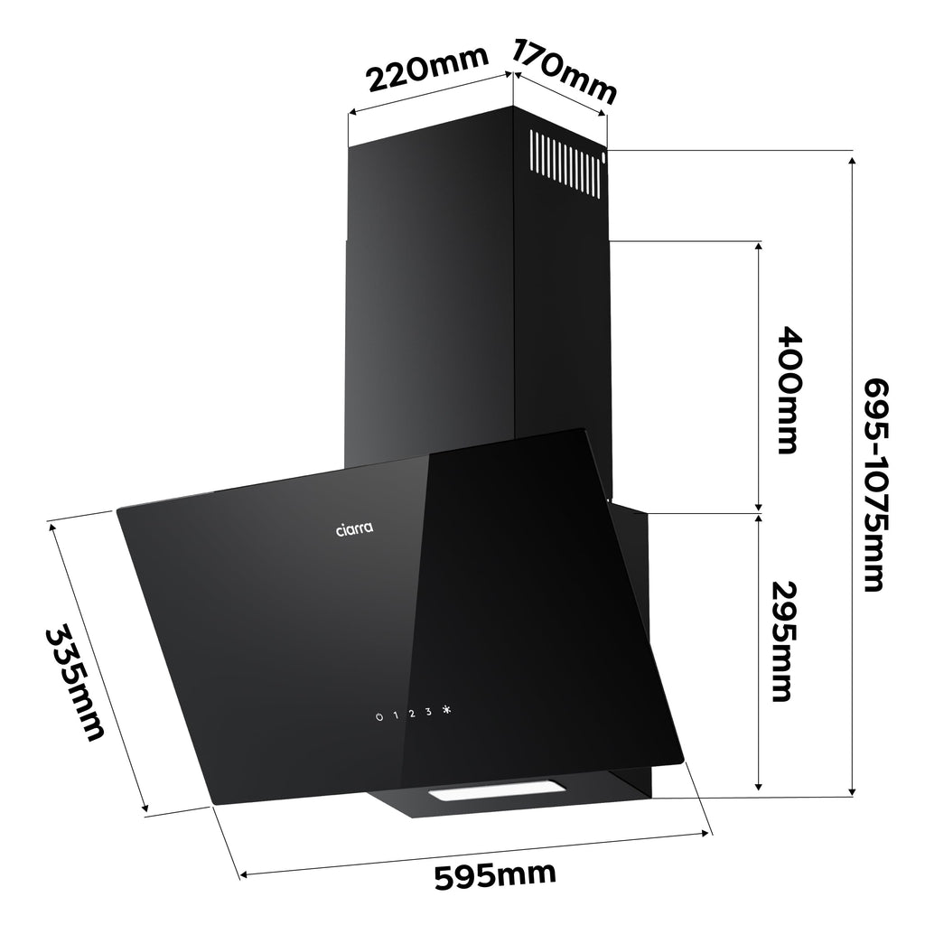 Ciarra CBCB6750C Classe A++ Hotte Murale Inclinée 60 cm 350 m³/h - 3 Vitesses - Mode Recyclage ou Evacuation - Filtre Charbon CBCF002 Inclus - Contrôle Tactile - Panneau en Verre Noir