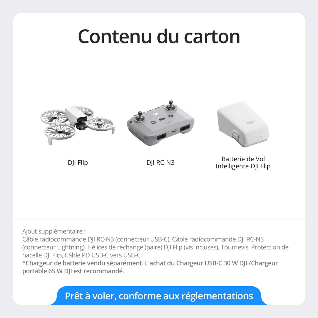 DJI Flip, Drone Caméra 4K UHD pour adultes, < 249 g, Stabilisation de la Nacelle à 3 axes, Transmission vidéo sur 13 km, Décollage palmaire, Retour automatique, Temps de vol de 31 min, Vol intelligent