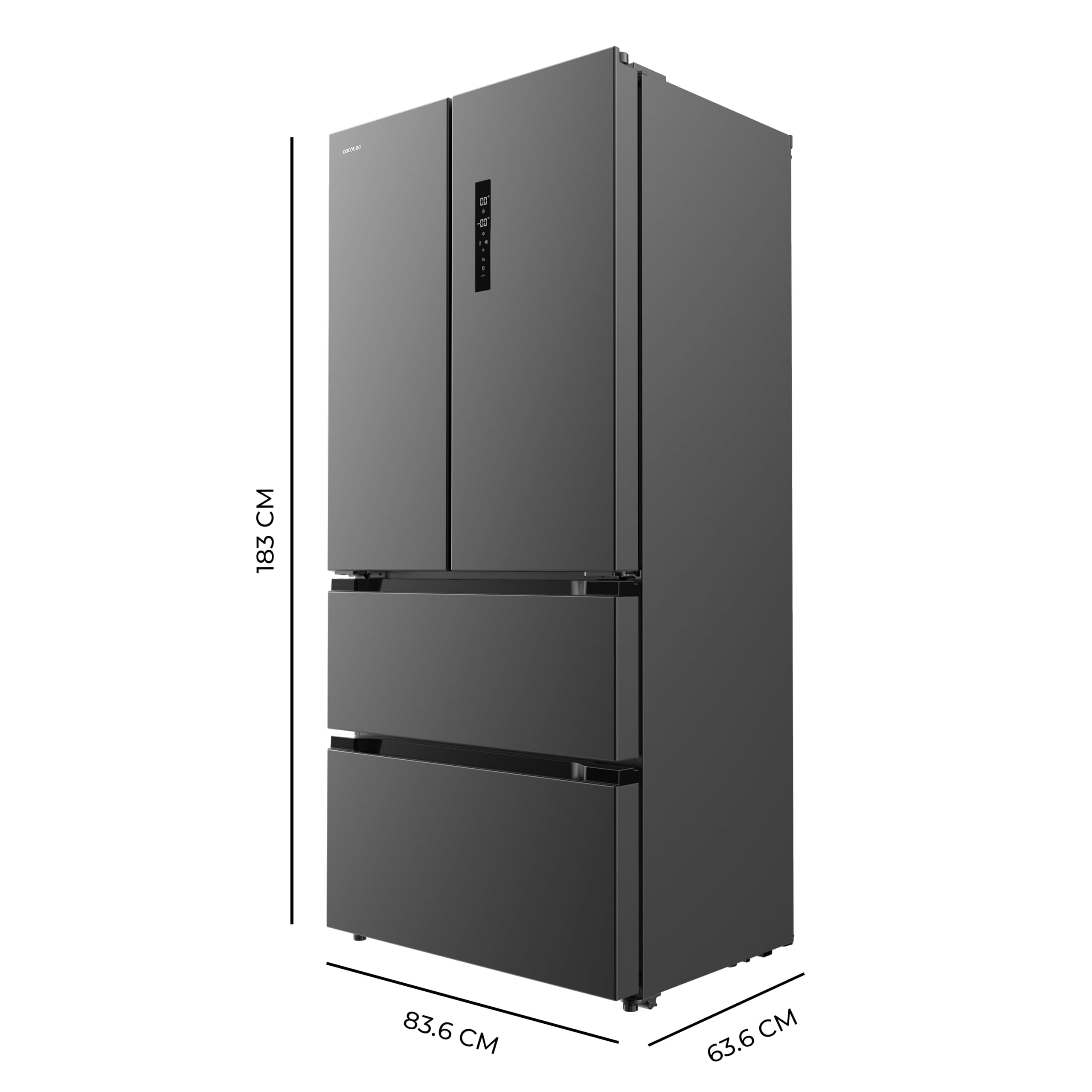 Cecotec Réfrigérateur Congélateur porte française Bolero CoolMarket FD 436 Dark E. 436 L, Total No Frost, Multi Airflow y compresseur inverter para ahorro energético.