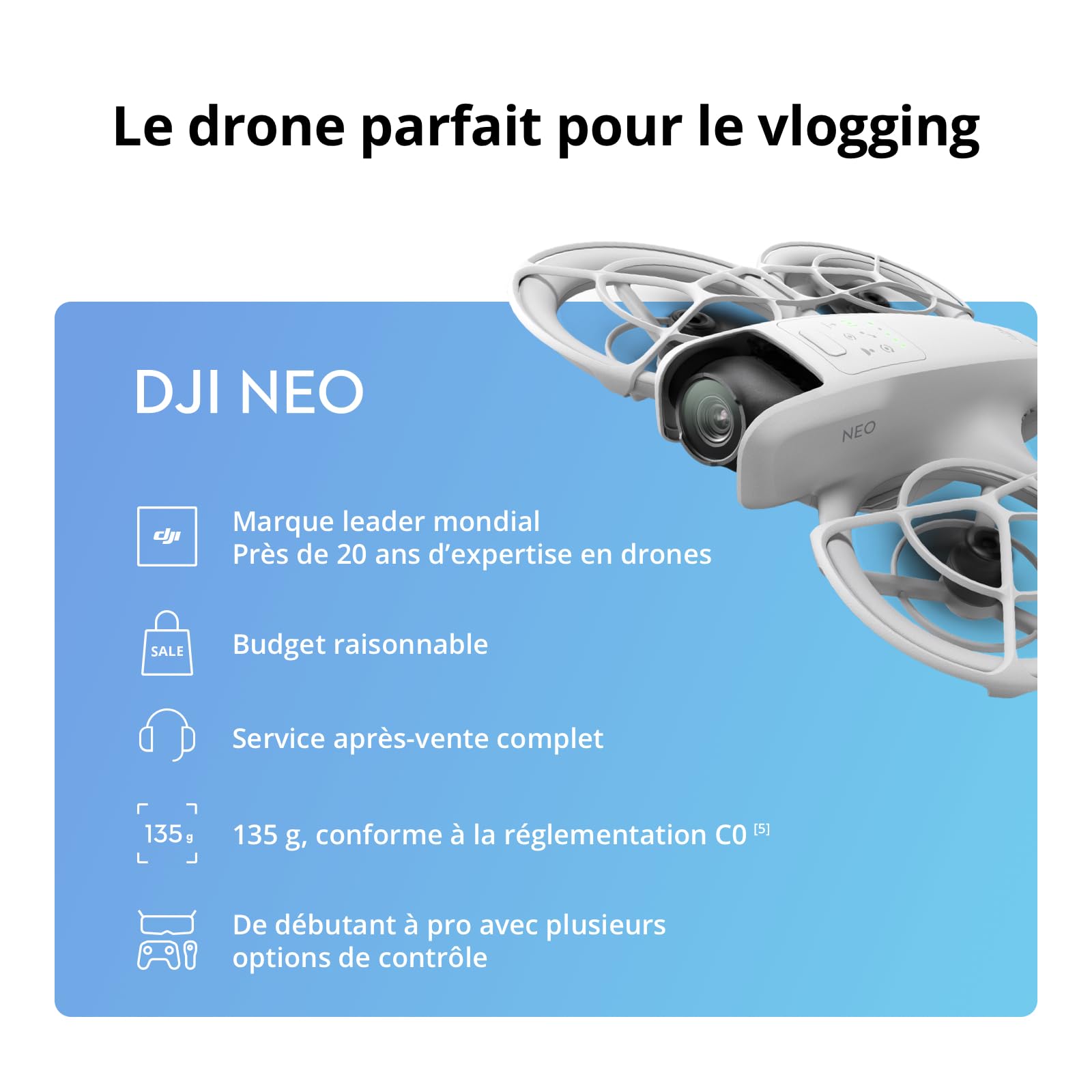 DJI Neo, Mini Drone avec Caméra 4K Ultra-HD pour Adultes, Drone Suiveur qui Vole Seul de 135 g, Décollage de la Main, Suivi de Sujet, QuickShots, Vidé