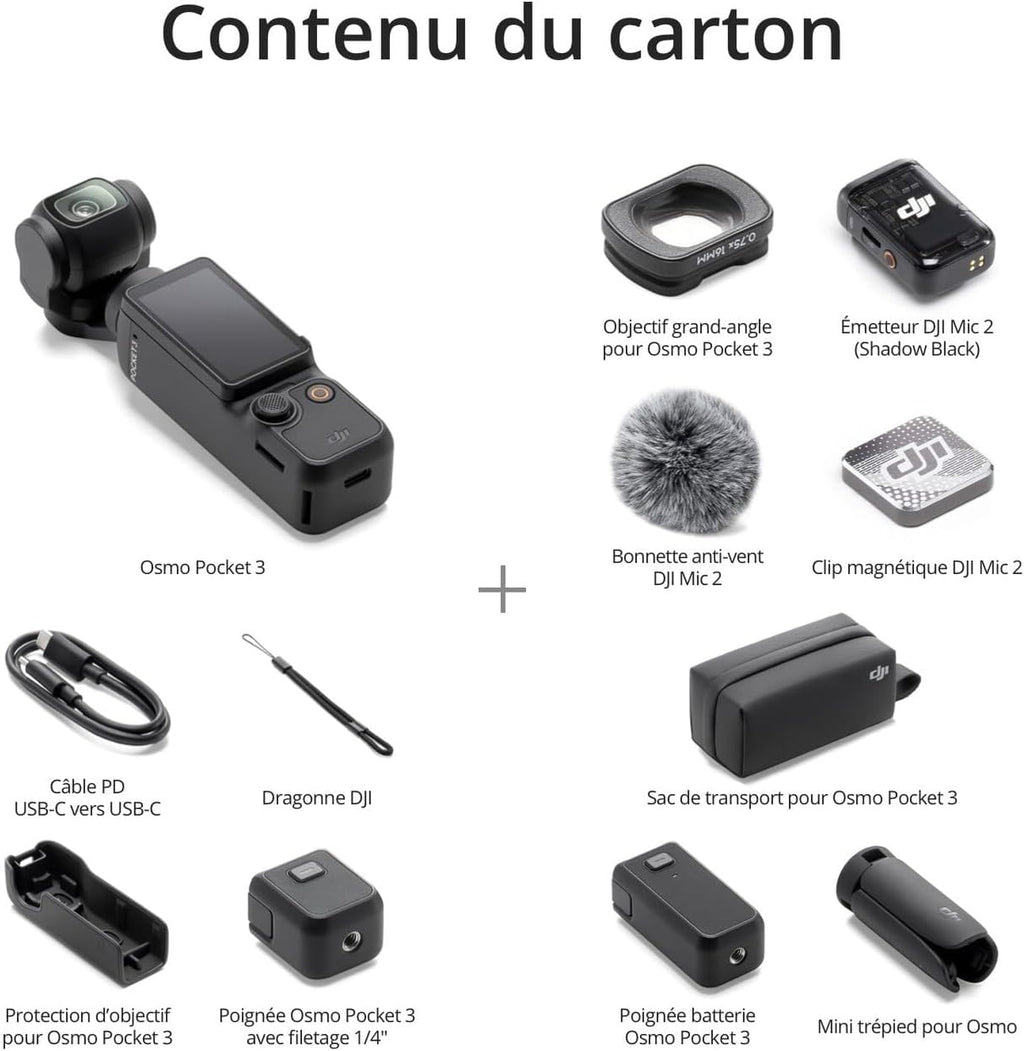 DJI Osmo Pocket 3 Créateur Bundle, camera vlog CMOS 1'' et Vidéo 4K/120 ips, digital et petite, Stabilisation à 3 axes, Suivi Facial/Objet, MAP rapide