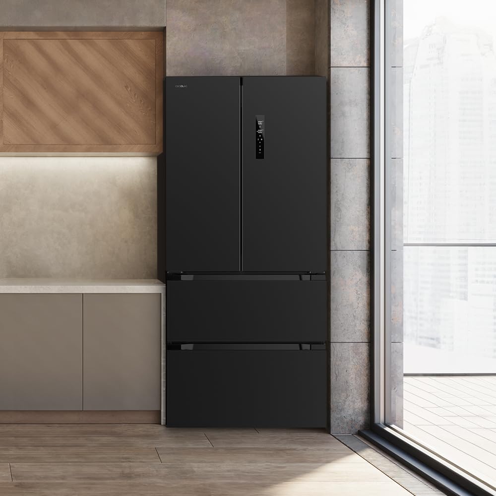 Cecotec Réfrigérateur Congélateur porte française Bolero CoolMarket FD 436 Dark E. 436 L, Total No Frost, Multi Airflow y compresseur inverter para ahorro energético.