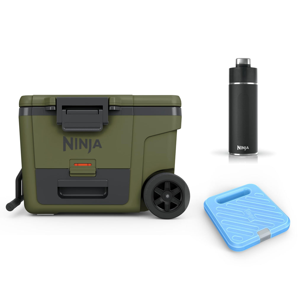Ninja FrostVault Glacière Robuste et Isotherme, avec Roues et tiroir de Stockage à Sec Dry Zone, Conserve la Glace Plusieurs Jours, Olive