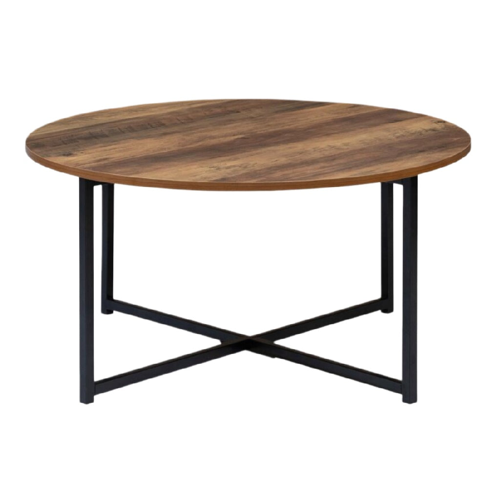 Table rond en bois avec base noire en métal