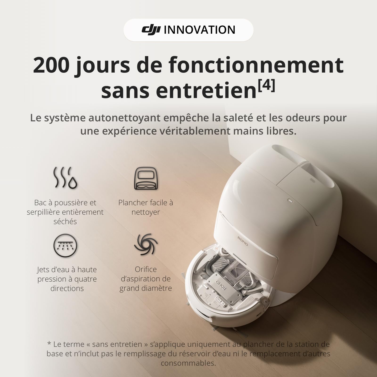 DJI ROMO S Robot Aspirateur Laveur, Aspirateur Robot de 25 000 Pa, détection de Niveau Drone, Deux Bras robotiques, 200 Jours sans Maintenance, Lavage et séchage Auto des tampons de serpillière