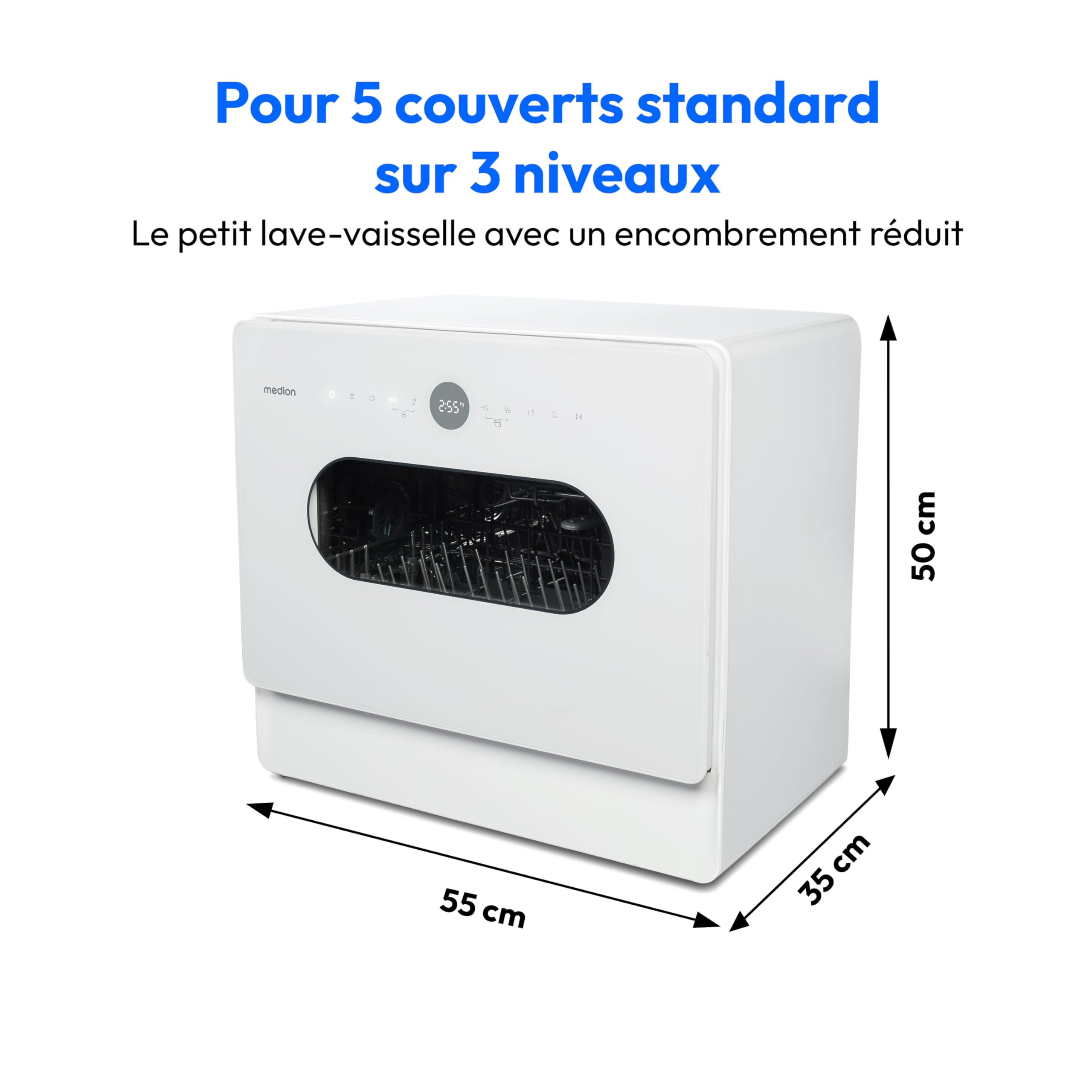 MEDION Mini lave-vaisselle DWT51 (lave-vaisselle de table avec panneau de commande tactile, fonction seau, 5 couverts, fonctionne avec/sans raccordement à l'eau, 7 programmes de nettoyage, départ diff