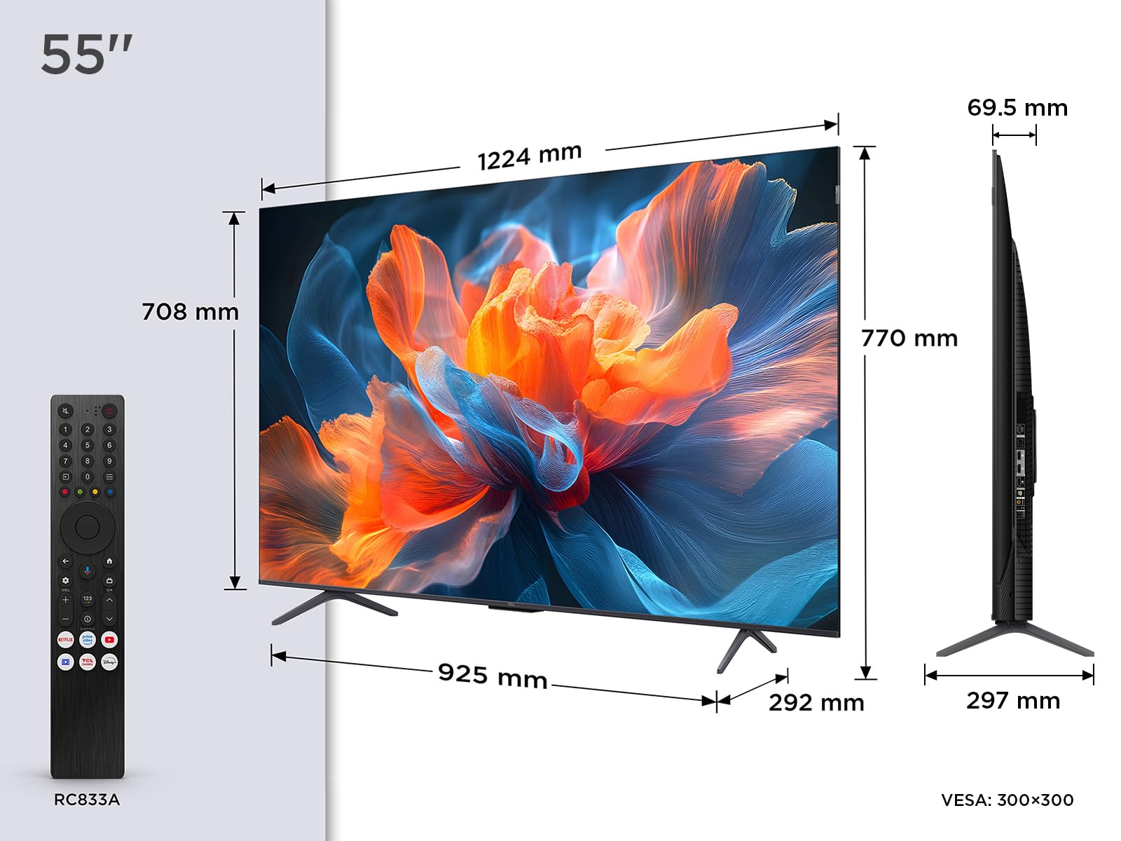 TCL 55T8C 55" QLED 4K HDR Ultra HD TV, Smart TV Powered by Google TV (Dolby Vision & Atmos, 144Hz Motion Clarity Pro, FreeSync, Onkyo 2.1 Sound, Voice