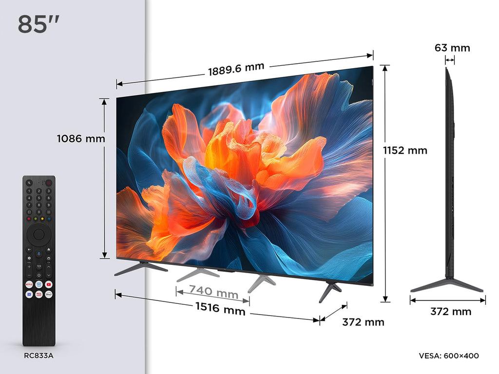 TCL 85T8C 85" QLED 4K HDR Ultra HD TV, Smart TV Powered by Google TV (Dolby Vision & Atmos, 144Hz Motion Clarity Pro, FreeSync, Onkyo 2.1 Sound, Voice Control)