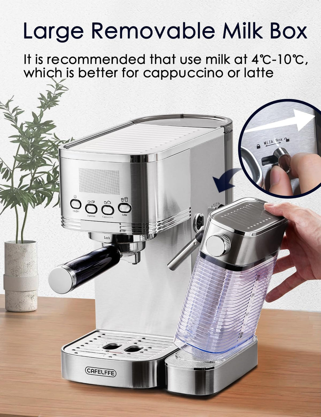CAFELFFE® Machine à expresso 6 en 1, porte-filtre avec réservoir à lait, machine à cappuccino automatique avec autonettoyage et 3 options de température, 1,3 l en acier inoxydable