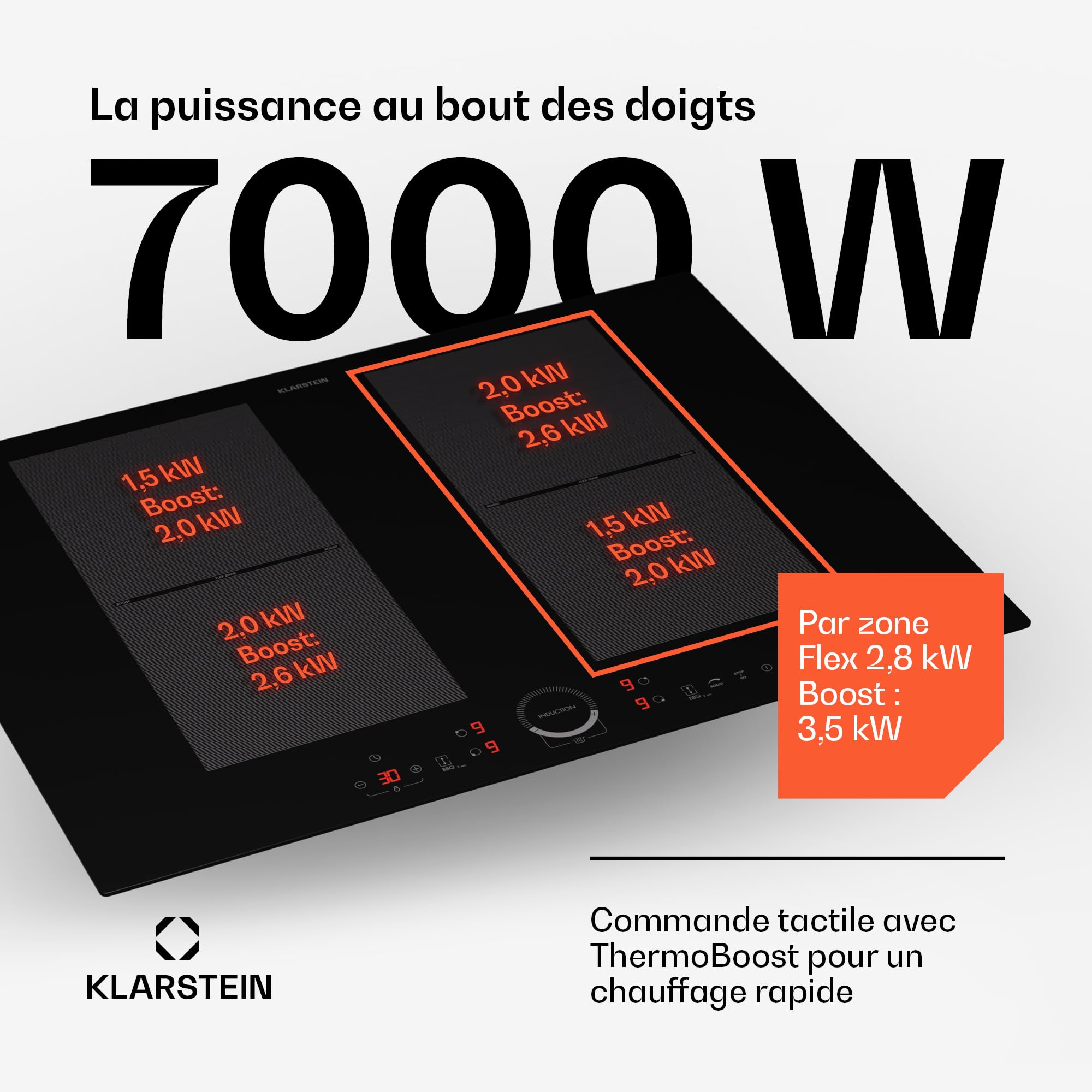 Klarstein Table de cuisson électrique induction encastrée 7000W 4 feux ThermoBoost