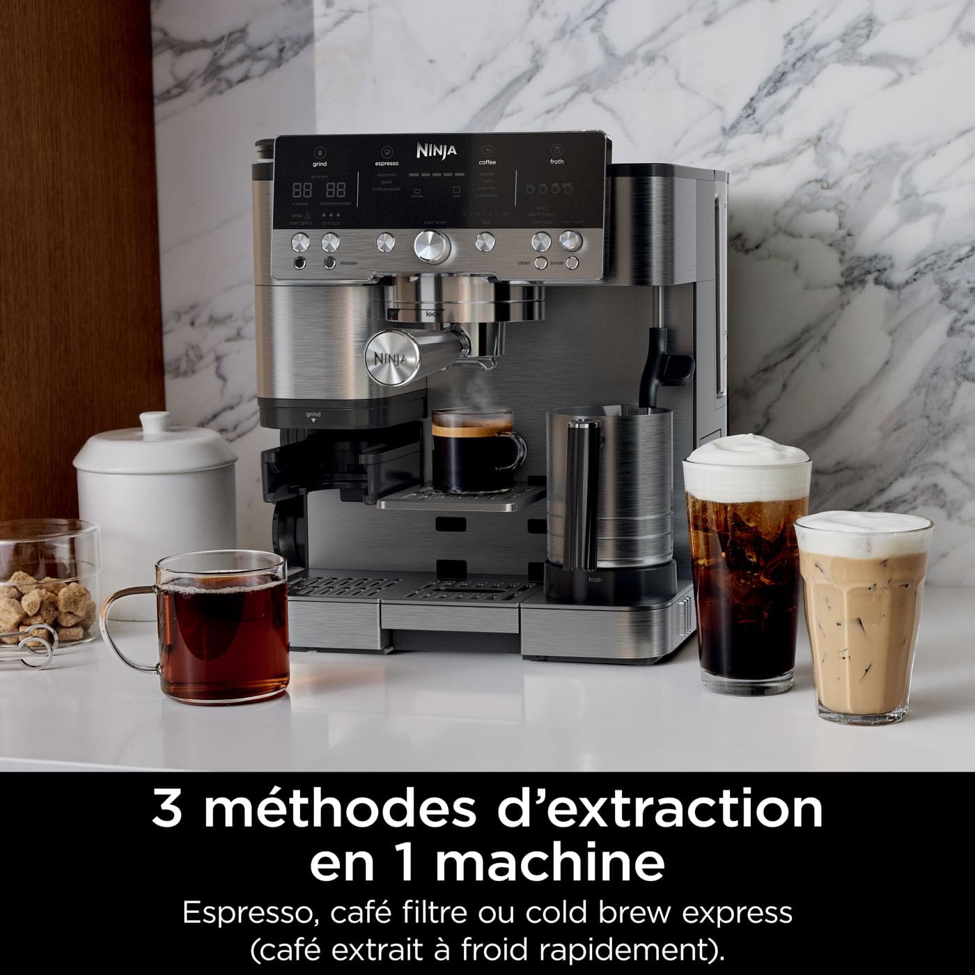 NINJA Machine à café Luxe Premier 3-en-1, Latte, Cappuccino, Infusion à froid et Espresso avec broyeur à grains et mousseur à lait intégrés, facile à utiliser, 4 préréglages mousse, argent, ES601EU