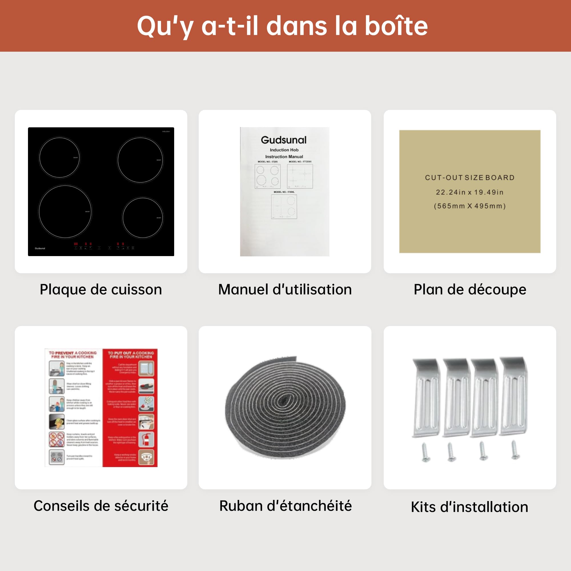 Gudsunal Plaque induction 4 feux, Table de Cuisson Encastrable,7200W, 9 niveaux de chauffage,Boost, Minuterie, Arrêt automatique, Verrouillage de sécu