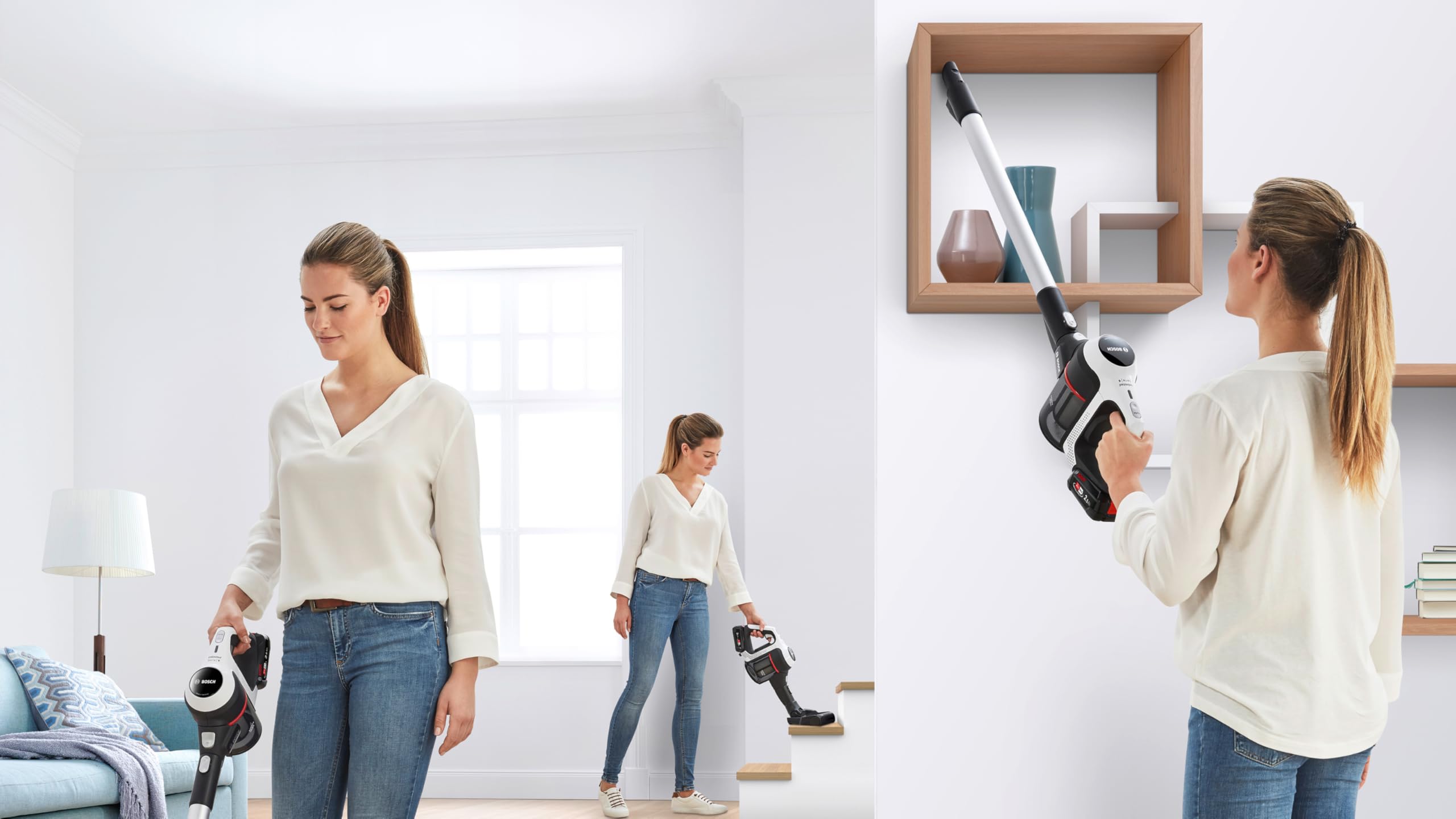 Bosch Electroménager Unlimited 6, BCS611AM, aspirateur Balai Rechargeable sans Fil, autonomie de 30 Min, performant sur différents Types de Sol, Accessoires Inclus, Blanc