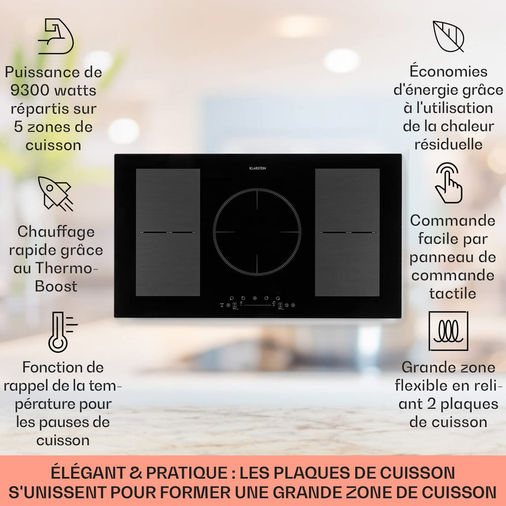 Klarstein Plaque de Cuisson Electrique à Induction 9300W, Plaque Encastrées 5 Feux, Tables de Cuisson Encastrable, Contrôle Tactile, Rechaud pour la Cuisine