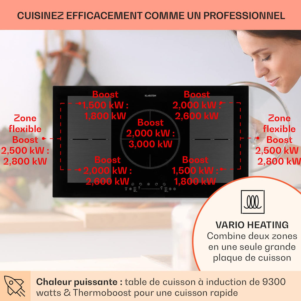Klarstein Plaque de Cuisson Electrique à Induction 9300W, Plaque Encastrées 5 Feux, Tables de Cuisson Encastrable, Contrôle Tactile, Rechaud pour la Cuisine