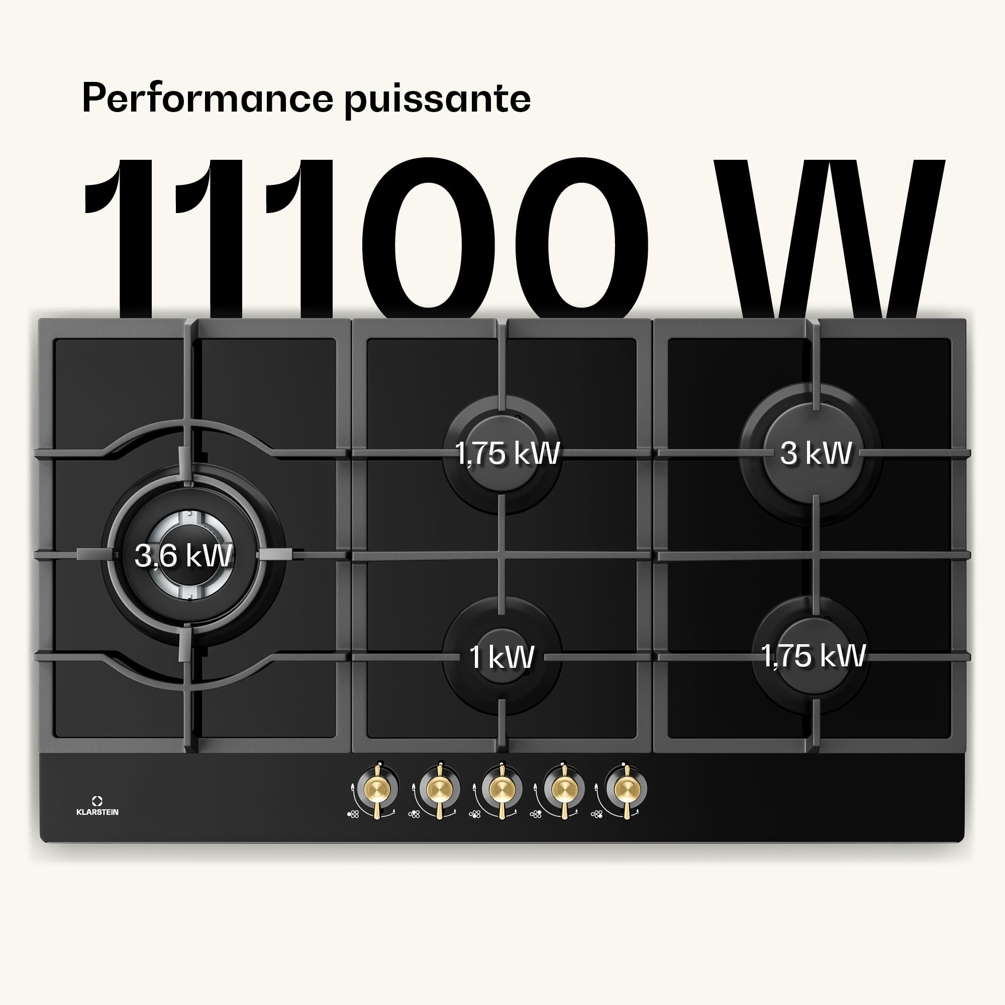 Klarstein Table de Cuisson à Gaz avec 5 Brûleurs – Plaque de Cuisson Encastrable 11100W, Surface en Acier Inoxydable, Compatible GPL