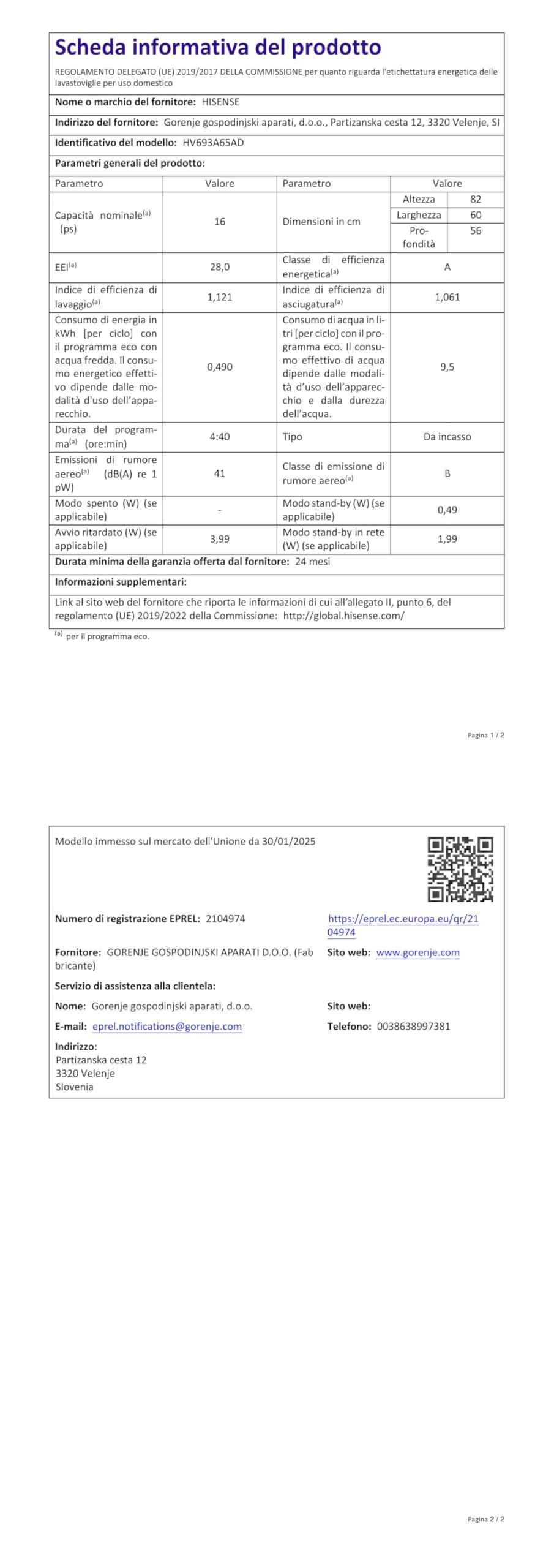 Hisense HV693A65AD - Lave-vaisselle encastrable, 16 couverts, disparition totale, classe énergétique A