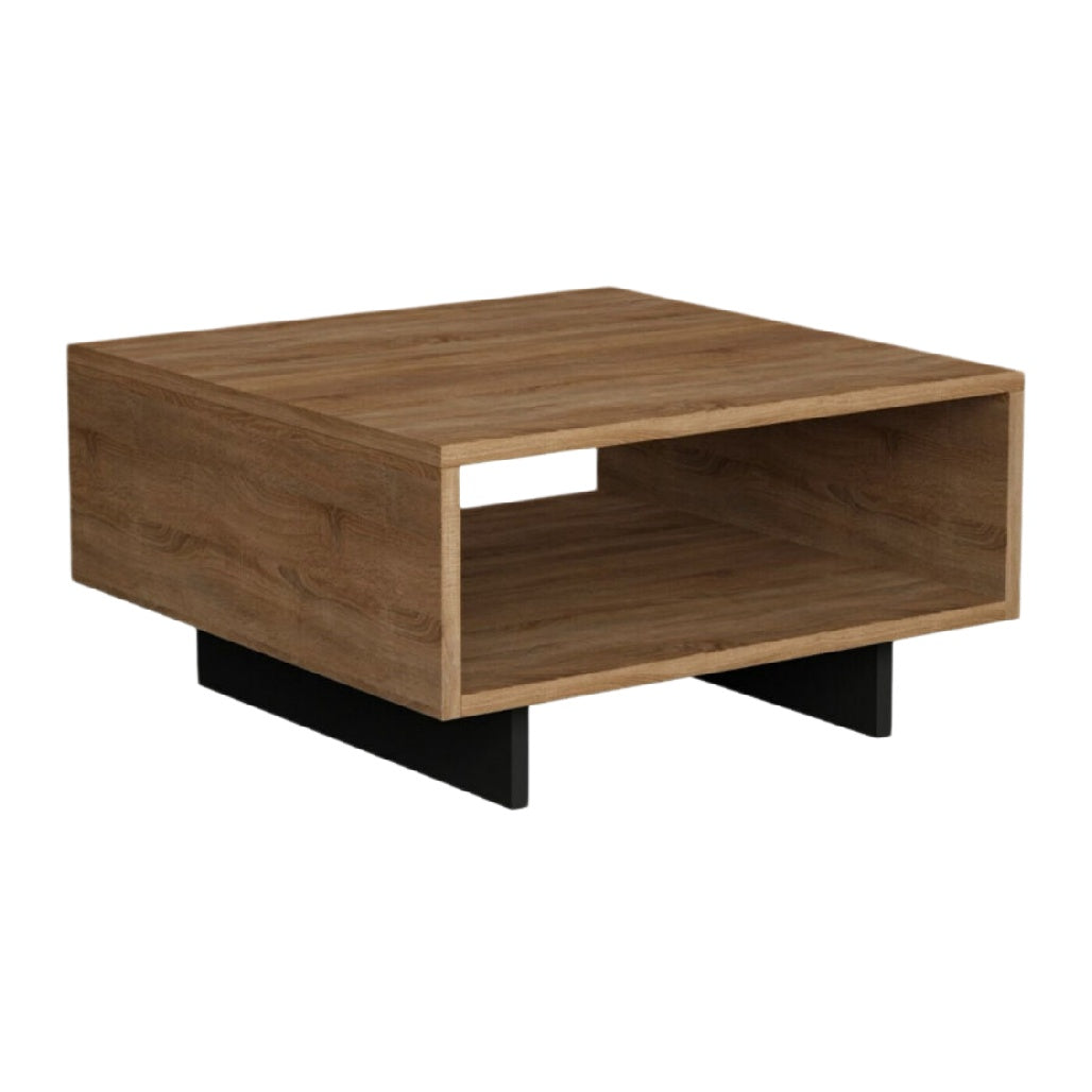 Table basse carrée en bois avec rangement ouvert - Couleur chêne naturel et structure noire.