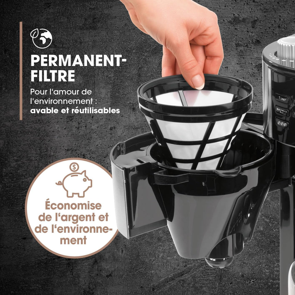 Barista Kaffee & Technik Cafetière Filtre avec verseuse erseuse en verre 1L pur 12 tasses de café, Machine a cafe grain avec broyeur et écran digital, Fonction de minuterie