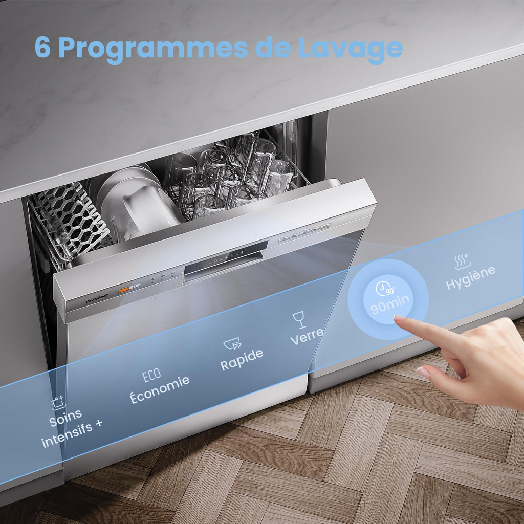 COMFEE' CDWPF1201PS Lave-vaisselle Pose Libre, 60 cm, 12 couverts, départ différé, fonction demi-charge, paniers flexibles - Acier Inoxydable, 49 dB, Commande Bouton