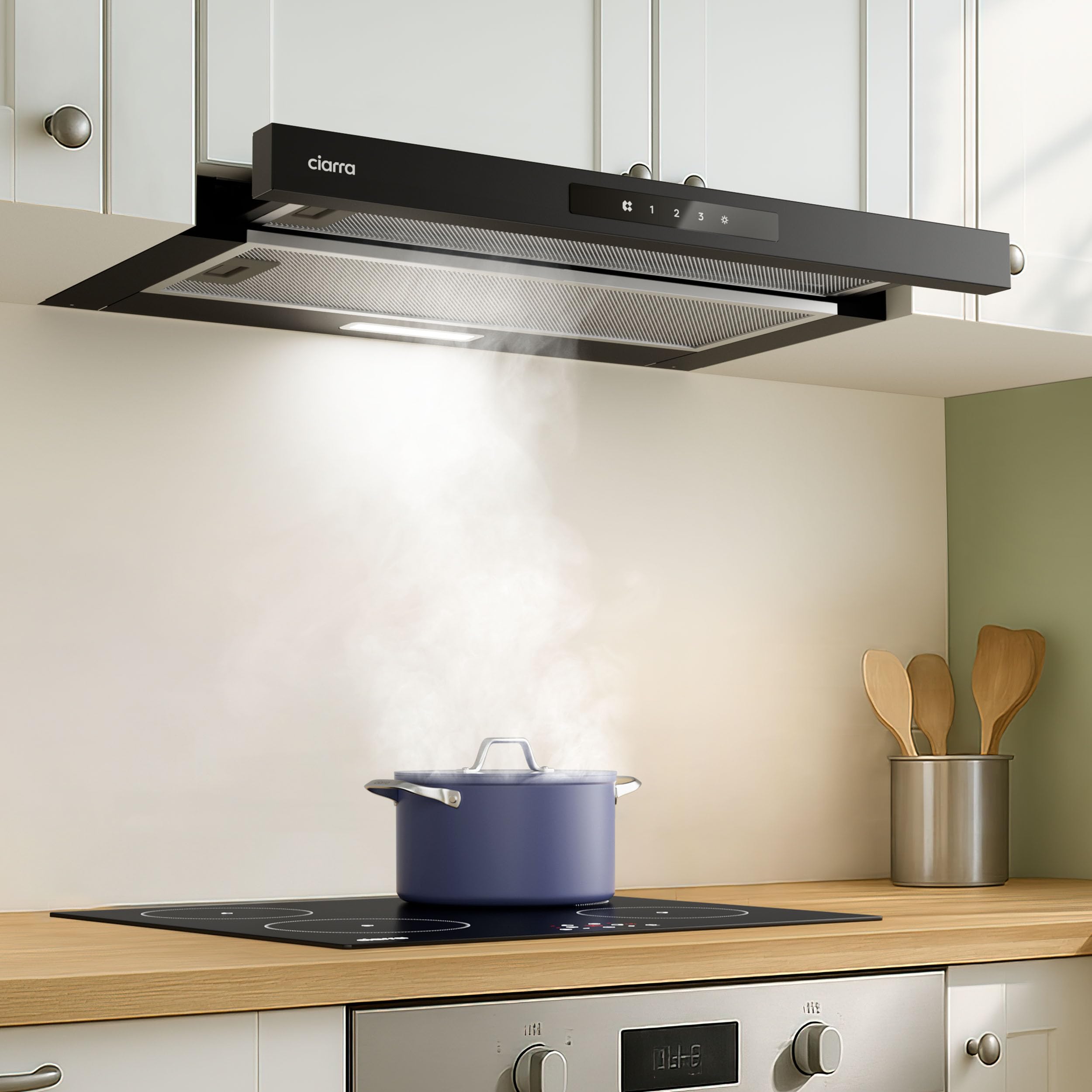 CIARRA CBCB6909A Classe A+ Hotte Télescopique Encastrable 60 cm 600 m³/h, Commande Tactile, 3 Vitesses, Recyclage & Evacuation, Filtre à Charbon CBCF055 Inclus, Noire