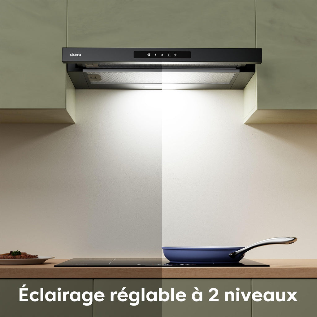 CIARRA CBCB6909A Classe A+ Hotte Télescopique Encastrable 60 cm 600 m³/h, Commande Tactile, 3 Vitesses, Recyclage & Evacuation, Filtre à Charbon CBCF055 Inclus, Noire