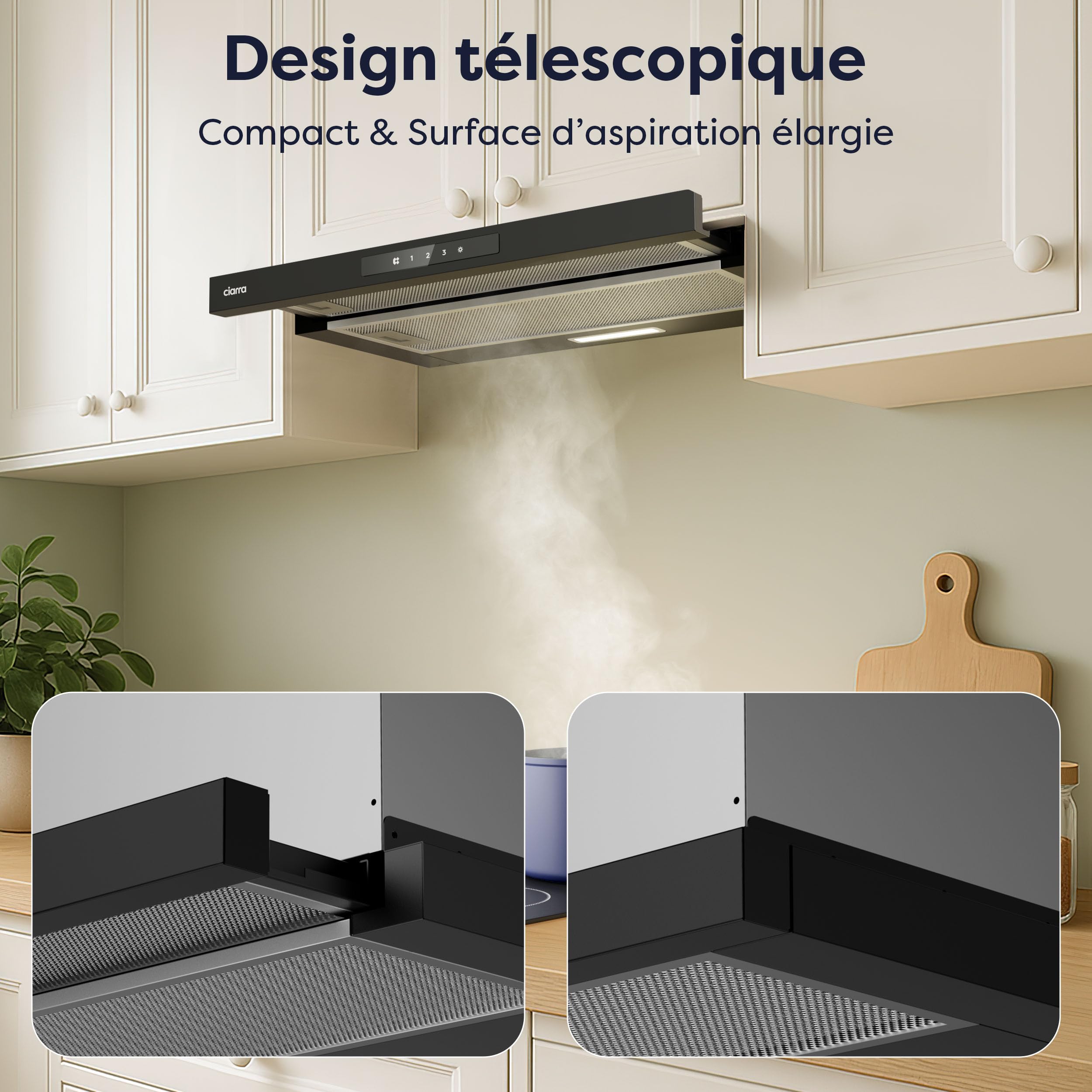 CIARRA CBCB6909A Classe A+ Hotte Télescopique Encastrable 60 cm 600 m³/h, Commande Tactile, 3 Vitesses, Recyclage & Evacuation, Filtre à Charbon CBCF055 Inclus, Noire