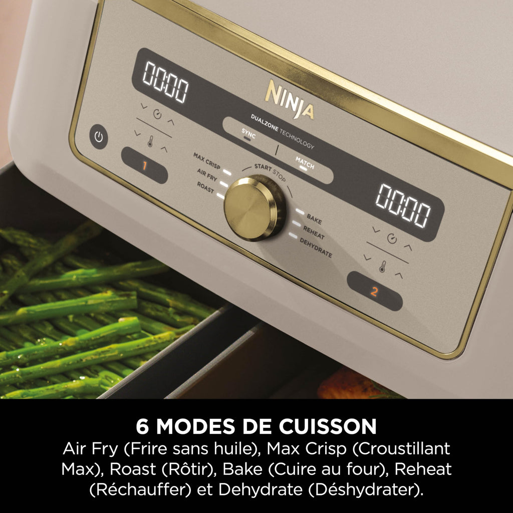NINJA Dual Zone Max Air Fryer 2 Compartiments, Capacité Familiale de 9,5L, Max 240°C, Air Fryer 6-en1, Pièces Antiadésives Amovibles Lavables Au Lave-Vaisselle, Stone/Or DZ400EUSTGD