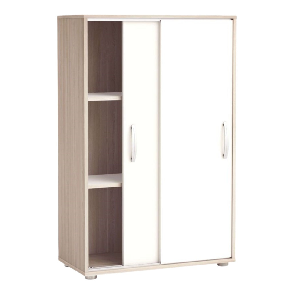 Armoire de rangement moderne avec portes coulissantes blanches et étagères intérieures.
