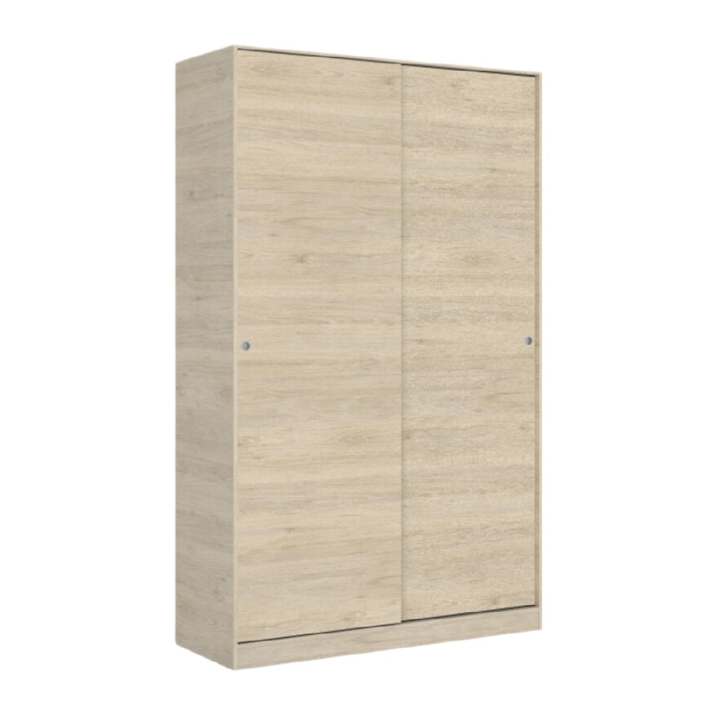 Armoire contemporaine en bois clair avec portes coulissantes.