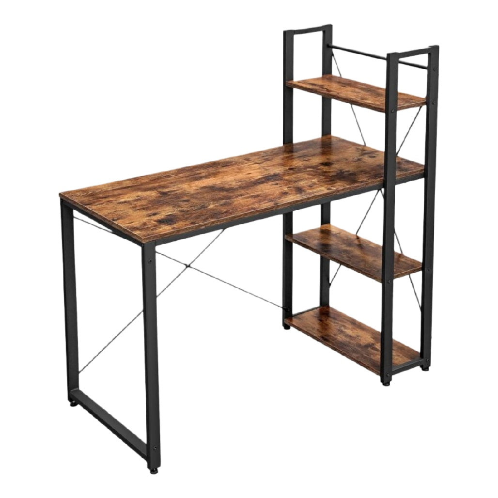 Bureau en bois vintage avec étagères en métal noir