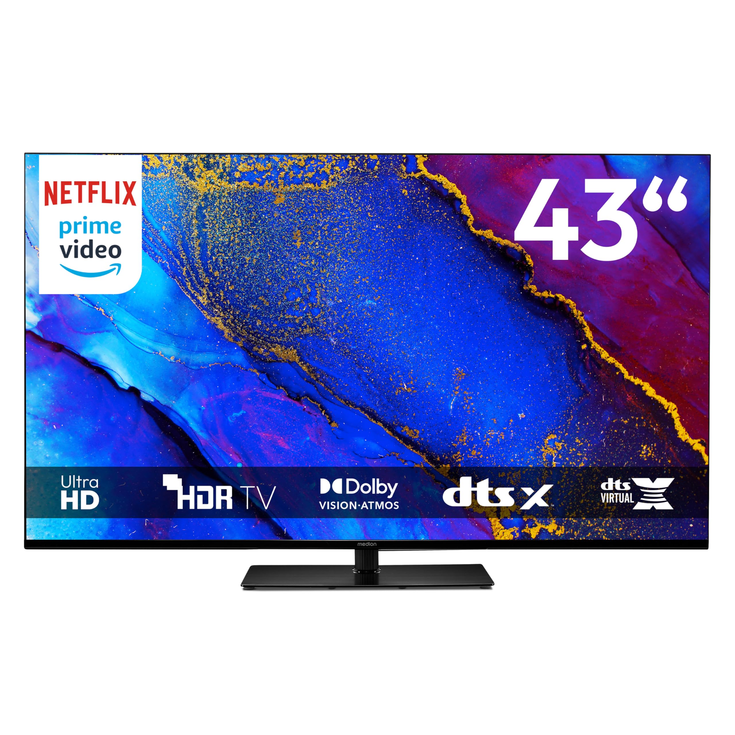 MEDION TV 43 Pouces (108 cm) Television (Smart TV, 4K, Dolby Vision HDR, Prime Video, Disney+, Dolby Atmos, DTS X, Compatible avec Google TV, PVR, Blu